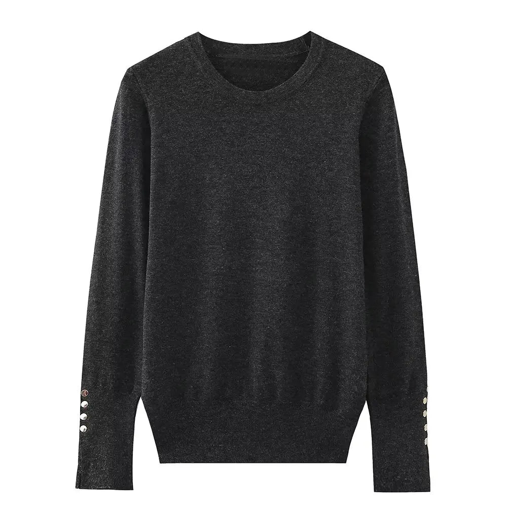 Women's new fashion gold button decoration casual versatile basic style knitted top retro long sleeved women's pullover chic top
