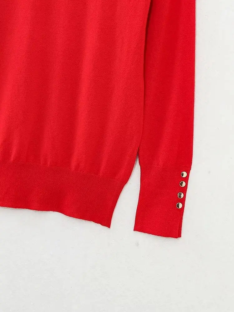 Women's new fashion gold button decoration casual versatile basic style knitted top retro long sleeved women's pullover chic top