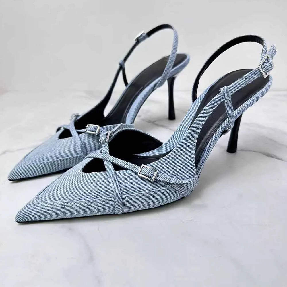 New 2024 Women's Shoes, High Heels, Denim Shallow Straps, Hollow Baotou Sexy Stiletto Fashion Sandals.