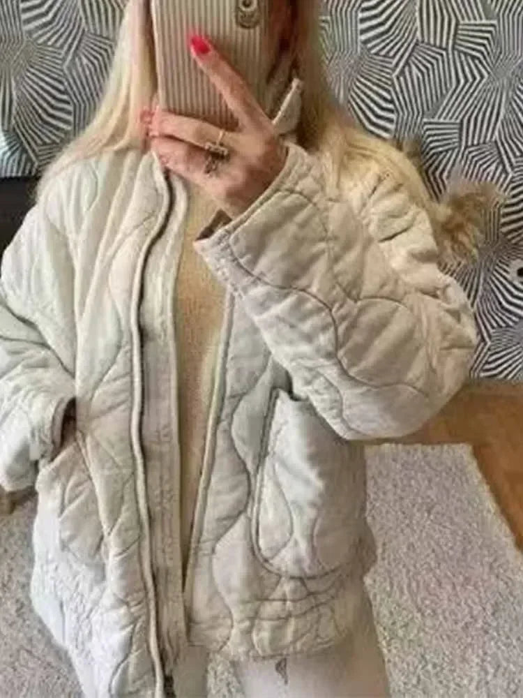 Women's 2024 New Fashion Large Pocket Decoration Loose Warm Washed Cotton Coat Retro Long Sleeve Zipper Women's Coat