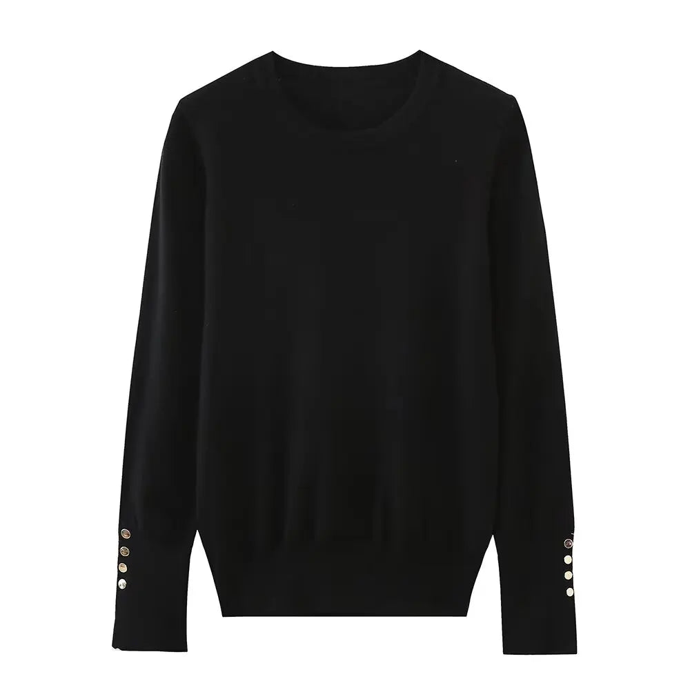 Women's new fashion gold button decoration casual versatile basic style knitted top retro long sleeved women's pullover chic top