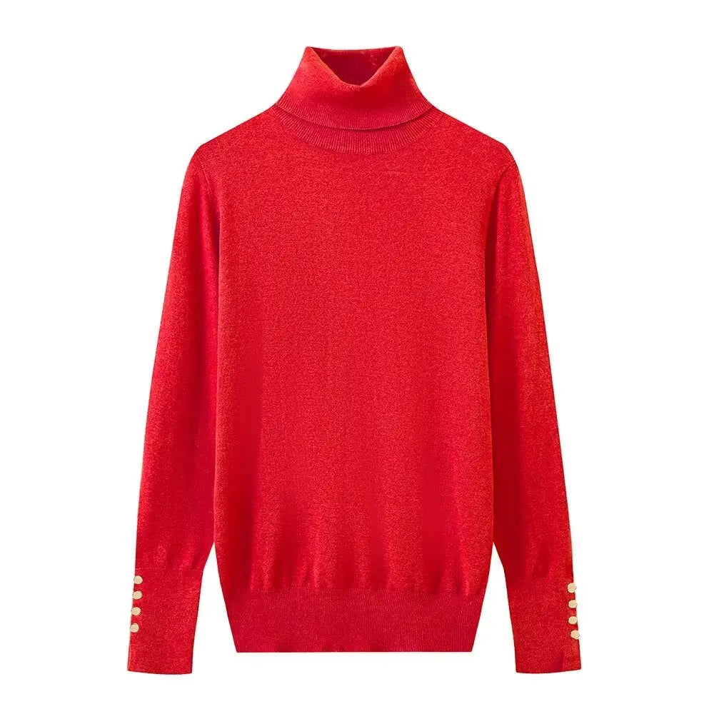 Women's new fashion Cuff button decoration casual versatile basic style knitted top retro high neck women's pullover chic top