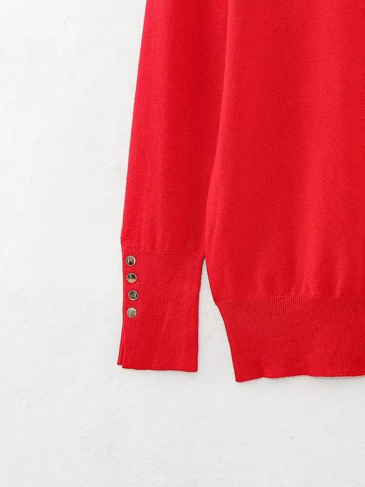 Women's new fashion gold button decoration casual versatile basic style knitted top retro long sleeved women's pullover chic top
