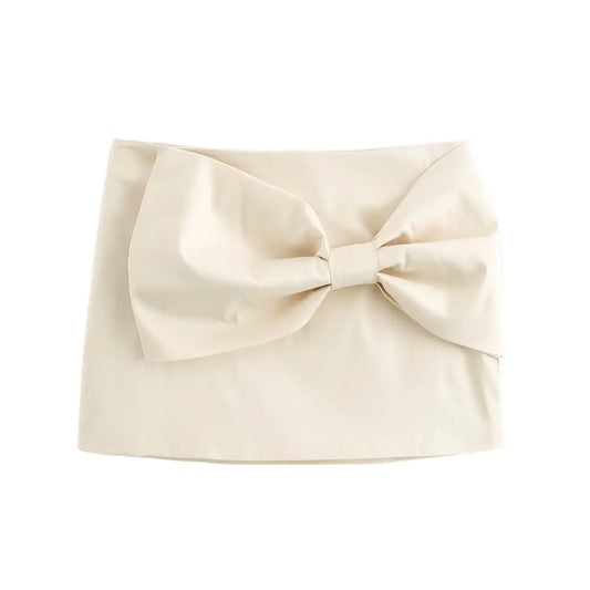 Women's new fashionable bow decoration casual slim Satin texture mini skirt retro high waist side zipper women's skirt