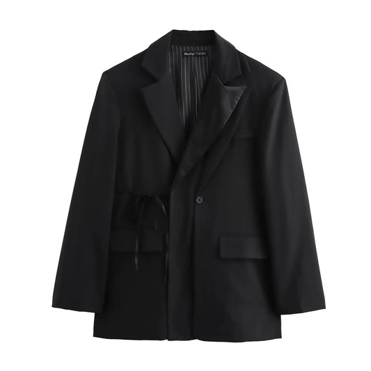Ladies' new fashion double-layer lapel design loose single breasted suit jacket retro long sleeved lace up women's Coat chic top