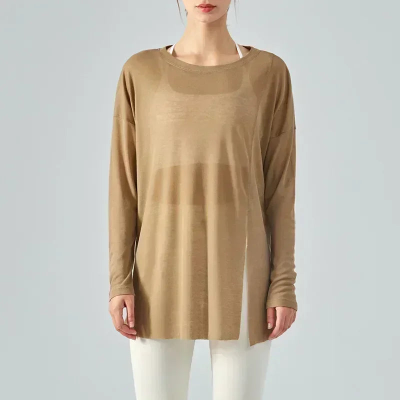 L Women's New One-sided Split Long-sleeved Yoga Blouses Women's Summer Light Sports Tops Loose Running Fitness Clothes