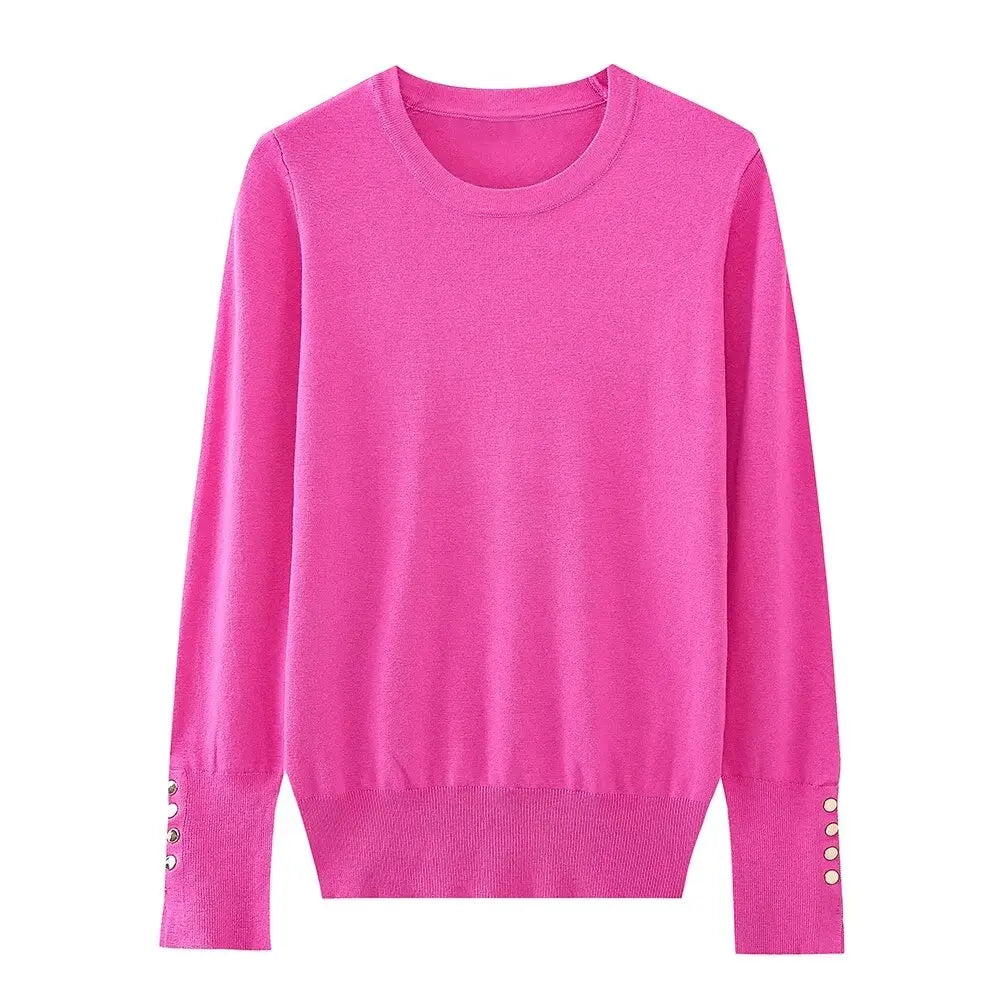 Women's new fashion gold button decoration casual versatile basic style knitted top retro long sleeved women's pullover chic top