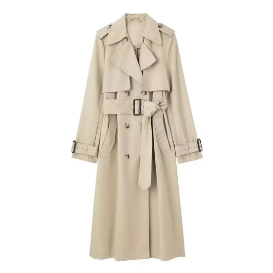 Women's 2024 new fashion belt decoration casual side pocket long sleeved trench coat retro lapel button up women's coat chic top