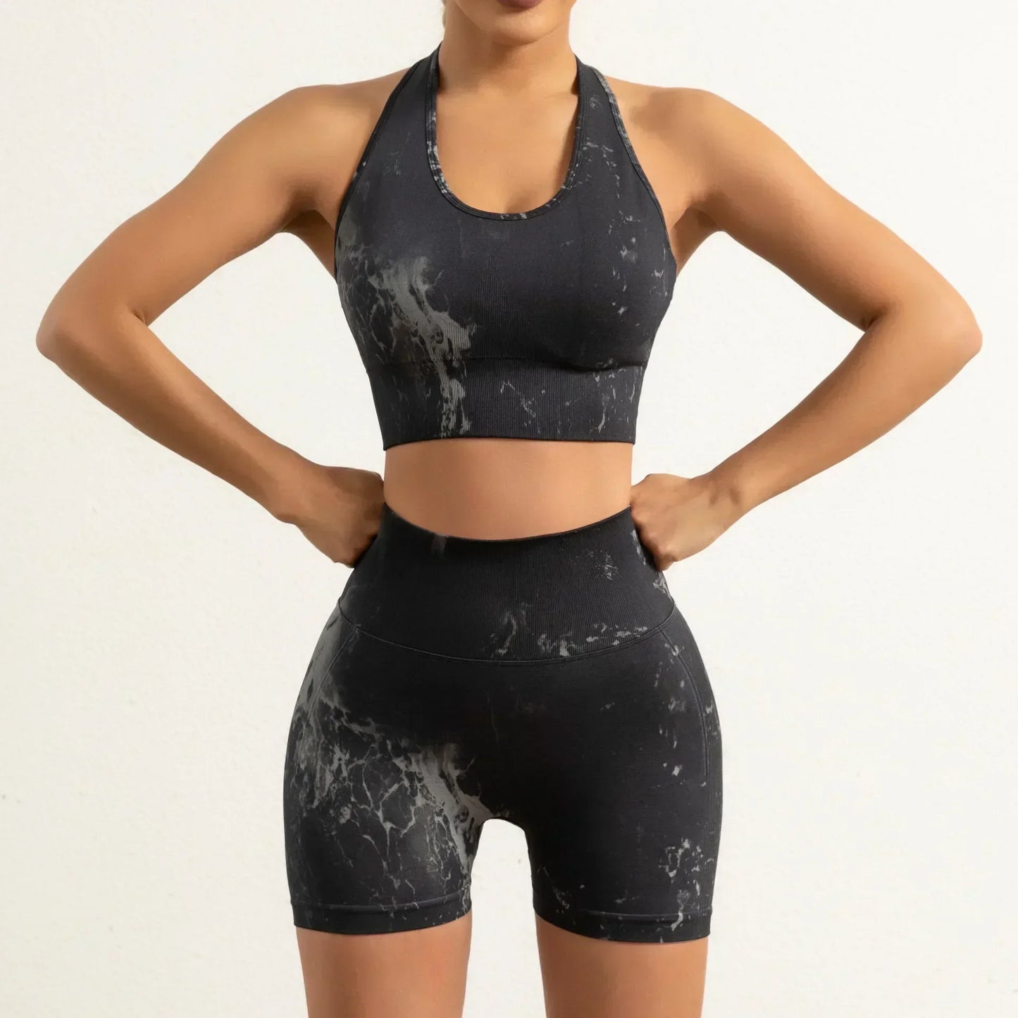 Women's New Seamless Yoga Clothes Fitness Suit High Waist Hip-lifting Fitness Pants Tie-dyed Sports Vest Running Shorts.