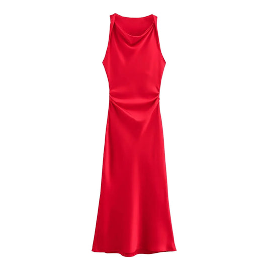 Women's new fashion pleated decoration sexy slim satin texture Midi dress retro sleeveless women's dress Mujer