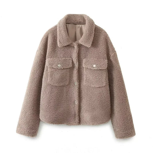 Women's new fashion flip pocket decoration casual Lapel fleece jacket coat retro long sleeved button up women's coat chic top