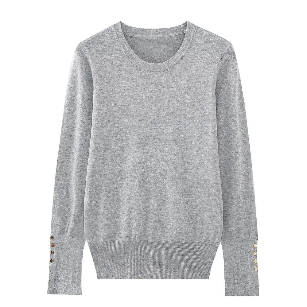 Women's new fashion gold button decoration casual versatile basic style knitted top retro long sleeved women's pullover chic top