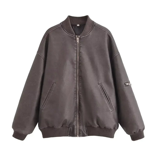 Women's new fashion washed effect loose side pockets faux leather flying jacket retro long sleeved zipper women's coat chic top