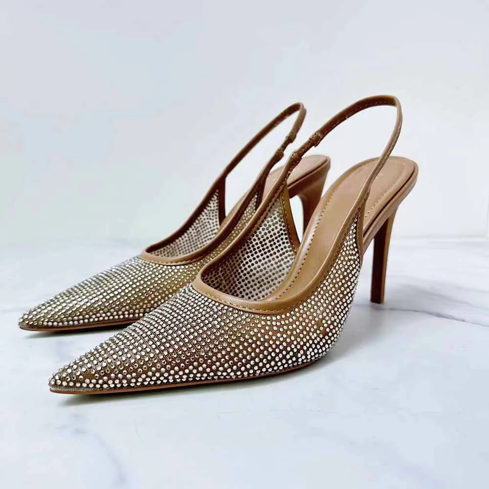 New 2024 Women's Fashion Women's Shoes Brown Fashion Bright Diamond Mesh With Pointed High-heeled Sandals Women.