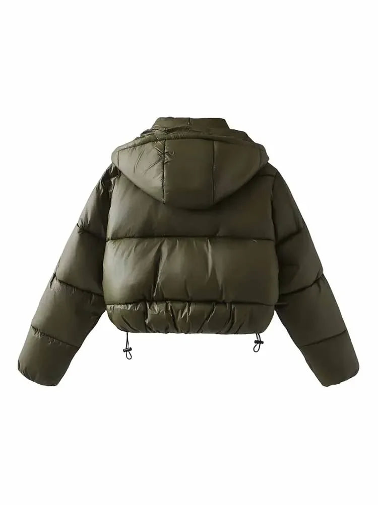 Women's winter fashion with drawstring short single breasted hooded cotton coat retro long sleeved pocket women's coat chic top