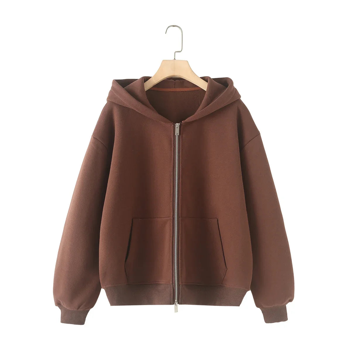 Ladies' new fashion zipper decoration loose cotton blend hooded sweatshirt Retro long sleeved pocket women's pullover chic top