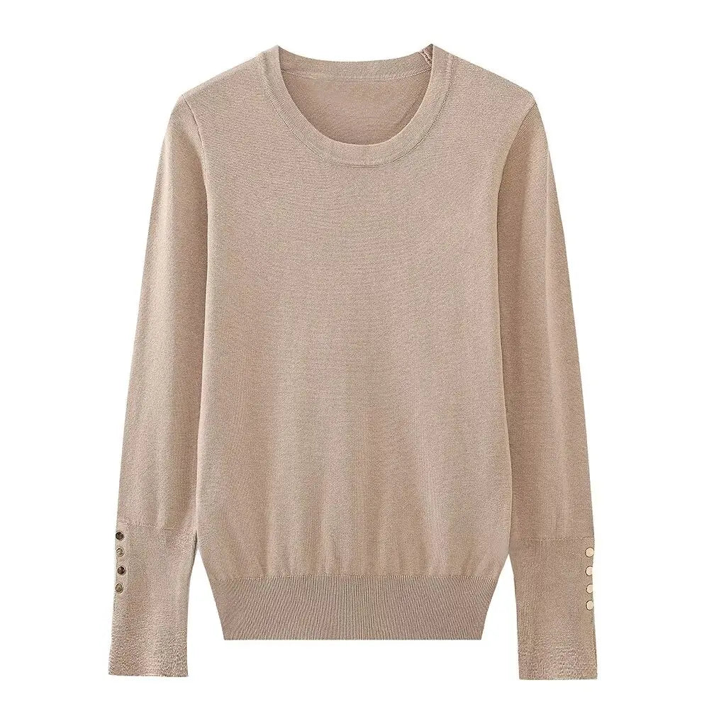 Women's new fashion gold button decoration casual versatile basic style knitted top retro long sleeved women's pullover chic top