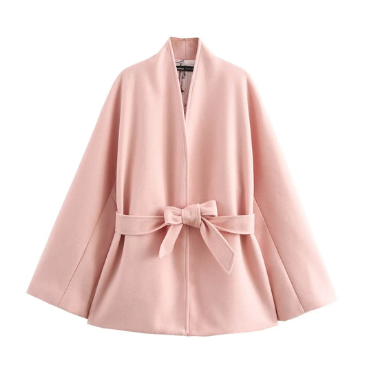 Ladies' new sweet Fashion bow belt decoration loose warm stand Neck woolen coat retro long sleeved pocket women's coat chic top