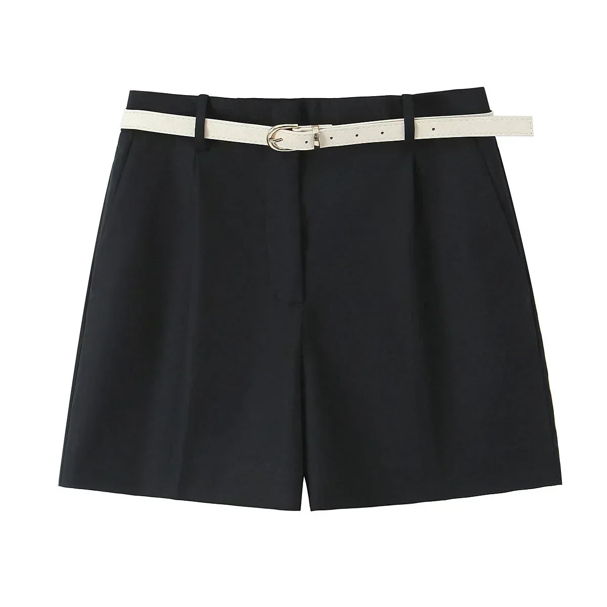 22 Women's 2024 New Chic Fashion Belt Decoration Casual Versatile Pleated Shorts Retro High Waist Side Pocket Women's Shorts