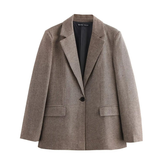 Ladies' new fashion flip pocket decoration loose single button casual diagonal suit coat retro long sleeved Female coat chic top