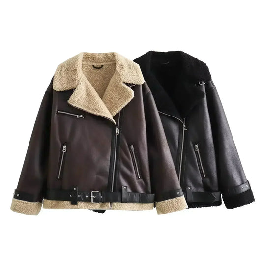 Women New Fashion With belt Warm two-sided Fur Faux Leather Jacket Coat Vintage Long Sleeve Zipper Female Outerwear Tops