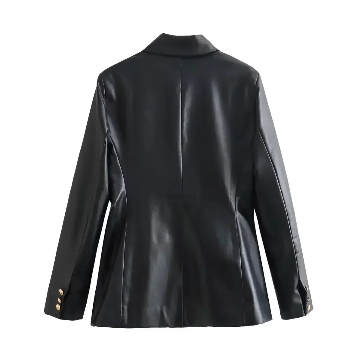 Women's 2024 New Fashion Flip Decoration Casual Double breasted PU Leather Suit Coat Retro Long sleeved Women's Coat