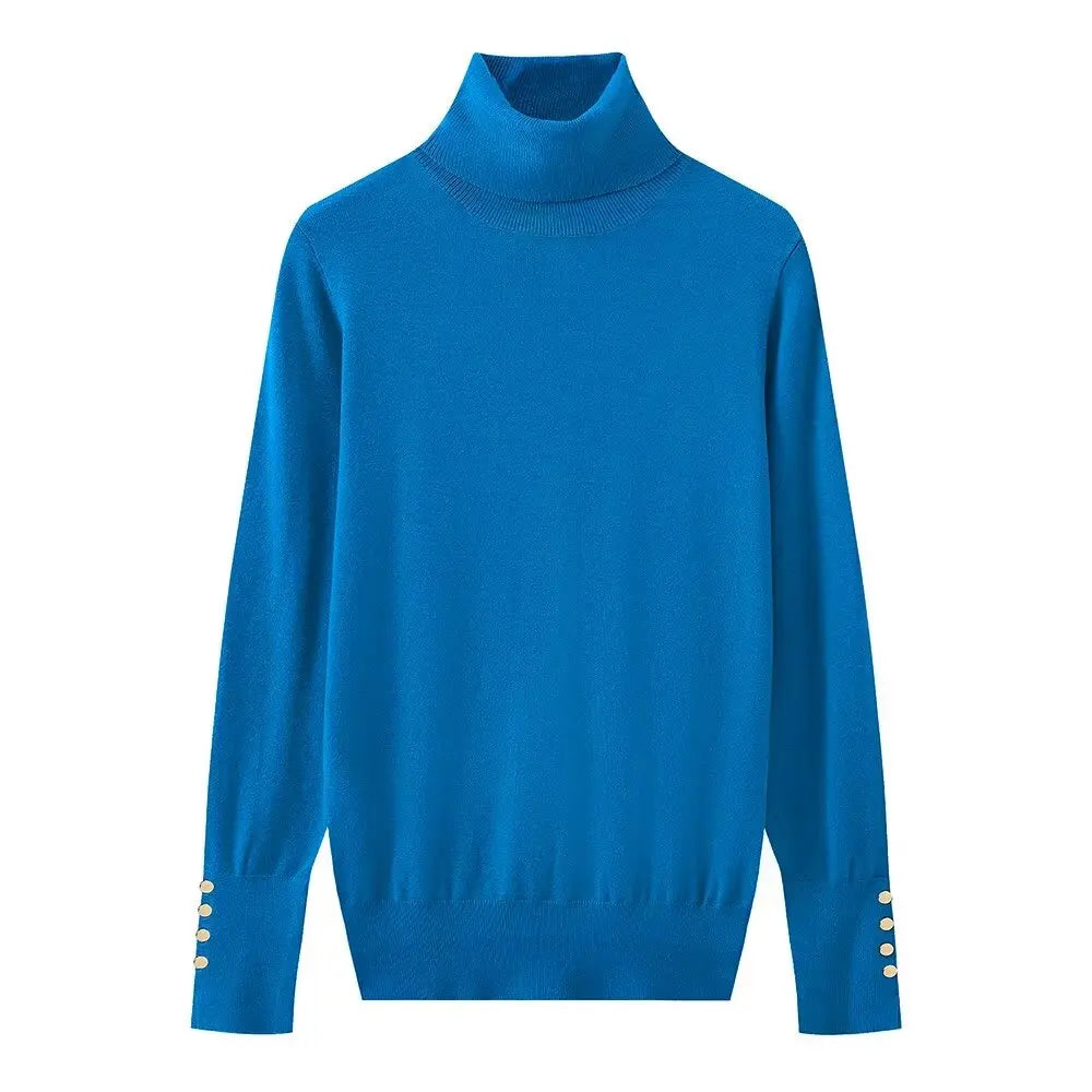 Women's new fashion Cuff button decoration casual versatile basic style knitted top retro high neck women's pullover chic top