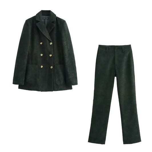Ladies' new fashion casual slim Lapel Double Breasted corduroy suit jacket retro long sleeved pocket women's Coat chic top