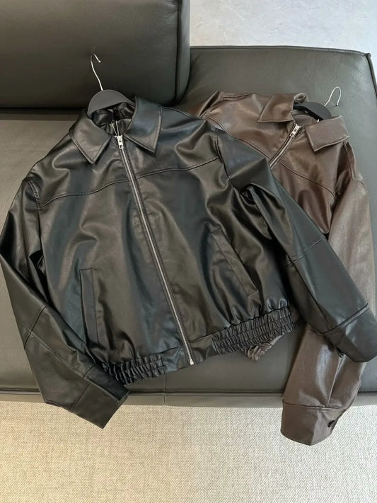 Ladies 2024 New Fashion Loose Side Pocket Lapel Faux Leather Flight Jacket Coat Retro Long Sleeve Zipper Women's Coat Chic Top