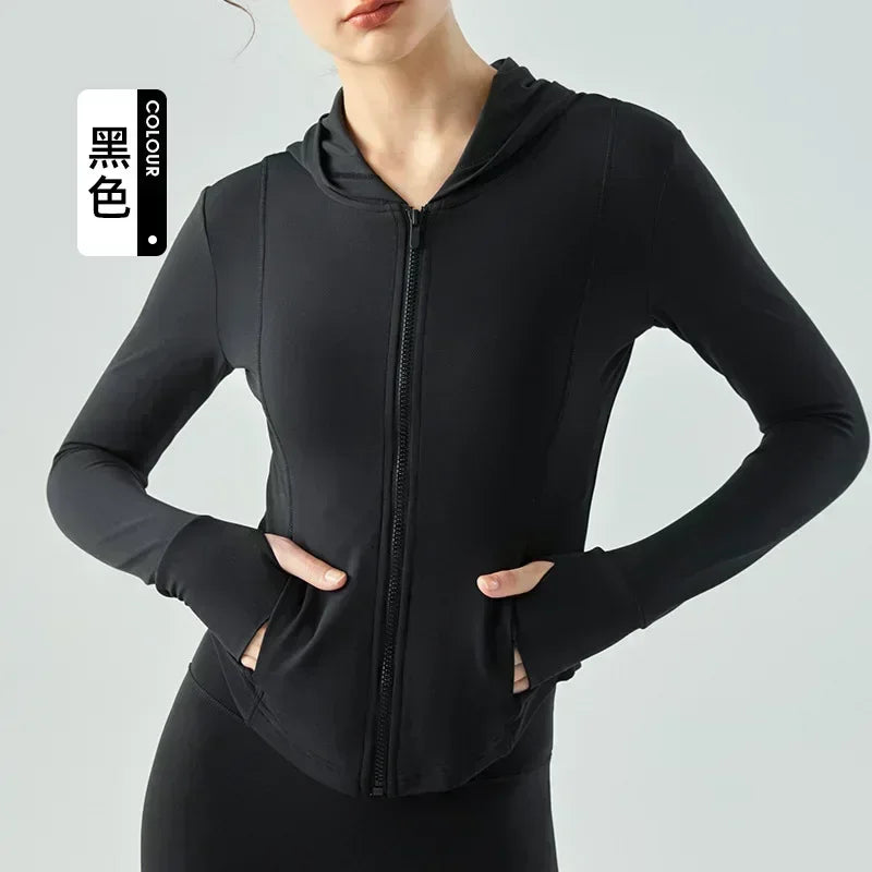 Sports Coat Waist Zipper Hooded Yoga Clothes in Autumn and Winter Long Sleeve Running Tight Fitness Clothes Woman