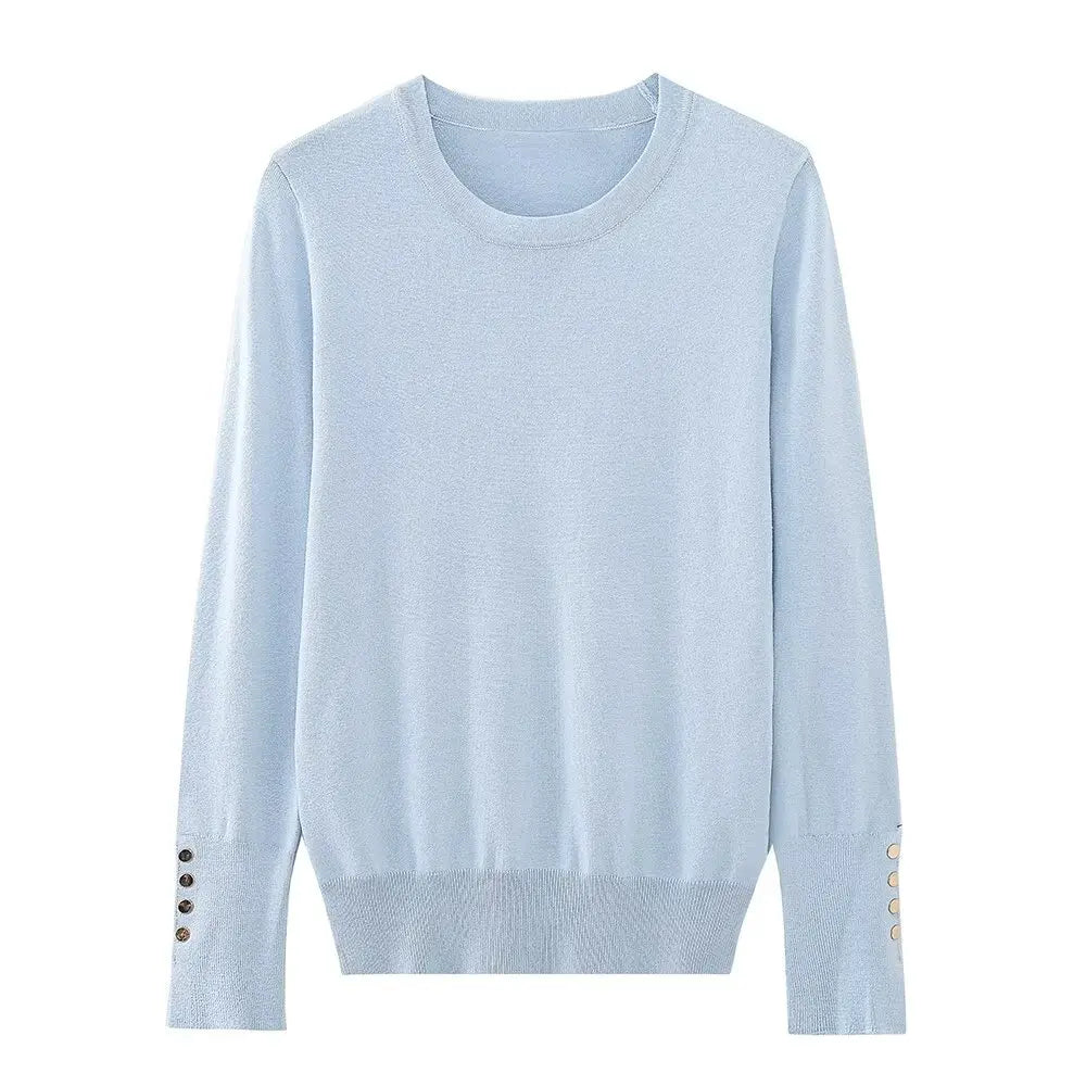 Women's new fashion gold button decoration casual versatile basic style knitted top retro long sleeved women's pullover chic top
