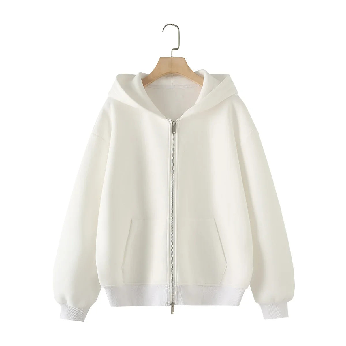 Ladies' new fashion zipper decoration loose cotton blend hooded sweatshirt Retro long sleeved pocket women's pullover chic top