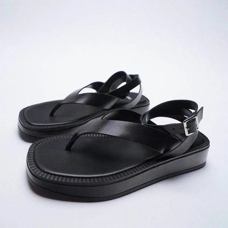 New women's shoes black strappy flat sandals summer thong thick sole sandals for women