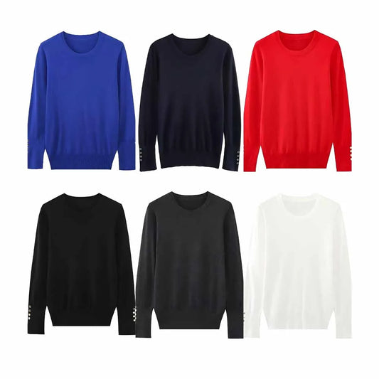Women's new fashion gold button decoration casual versatile basic style knitted top retro long sleeved women's pullover chic top