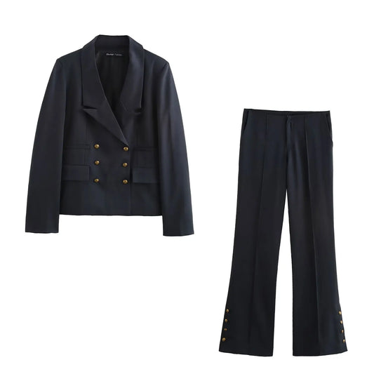 Ladies' new fashion gold double breasted decoration slim casual blend suit jacket retro long sleeved pocket Female Coat chic top