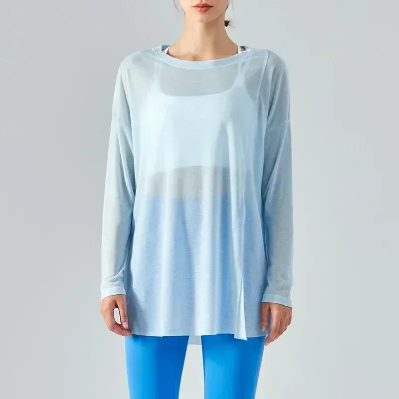 L Women's New One-sided Split Long-sleeved Yoga Blouses Women's Summer Light Sports Tops Loose Running Fitness Clothes