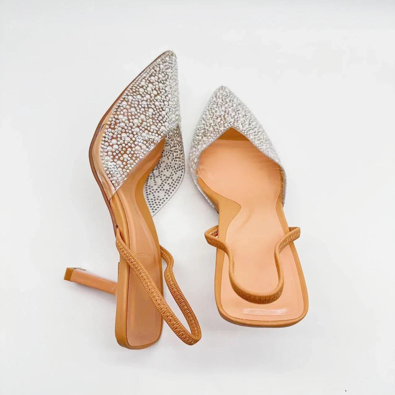 New 2024 Women's Shoes Brown Artificial Pearls With High Heels and Pointed Shoes Sandals Women
