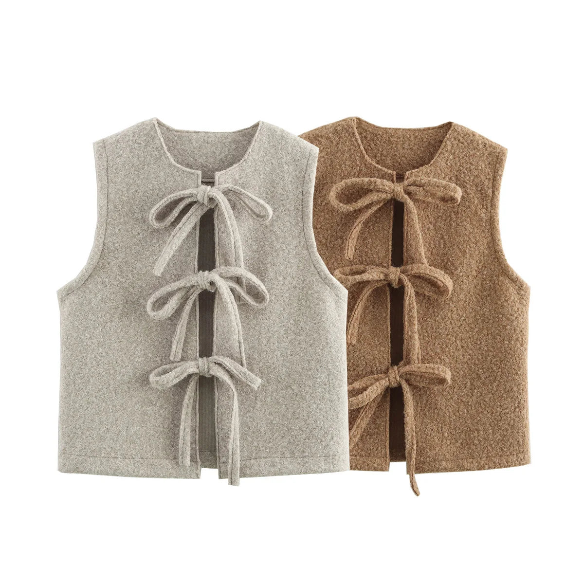 Women's new fashion bow Lace up decoration loose casual woolen vest coat retro O-Neck sleeveless women's vest chic top