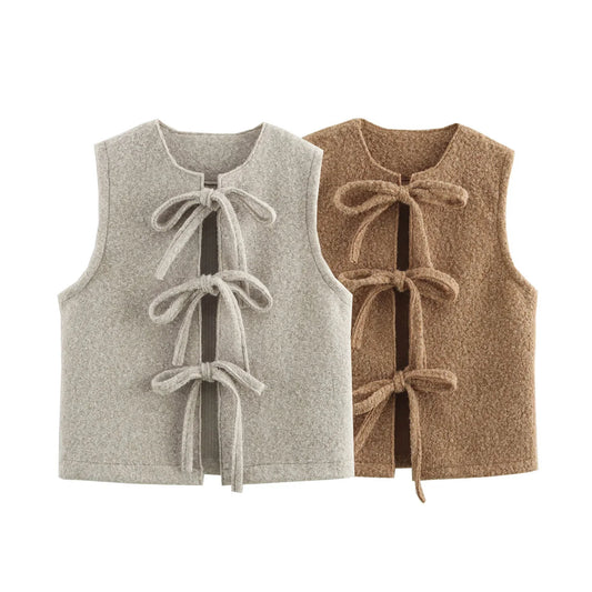 Women's new fashion bow Lace up decoration loose casual woolen vest coat retro O-Neck sleeveless women's vest chic top