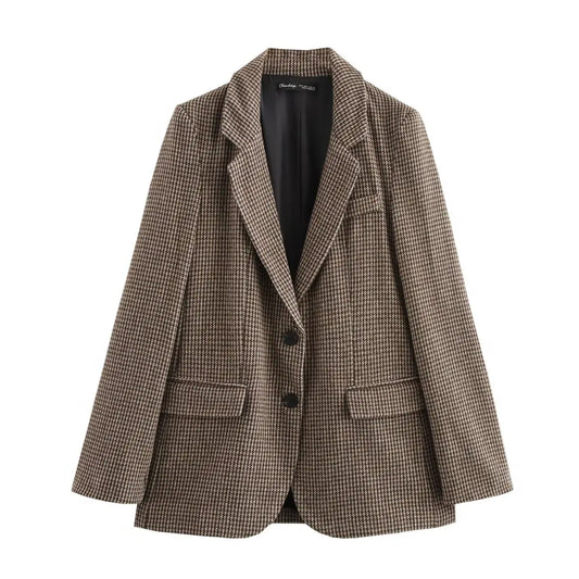 Ladies' new fashion flip pocket decoration loose single breasted casual plaid suit coat retro long sleeved women's coat chic top