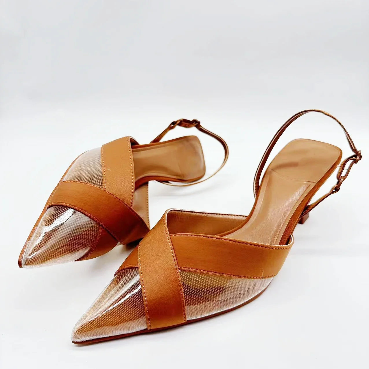 New Pointy Temperament Cross Mesh Stiletto Heels Elastic Back Strap Women's Sandals