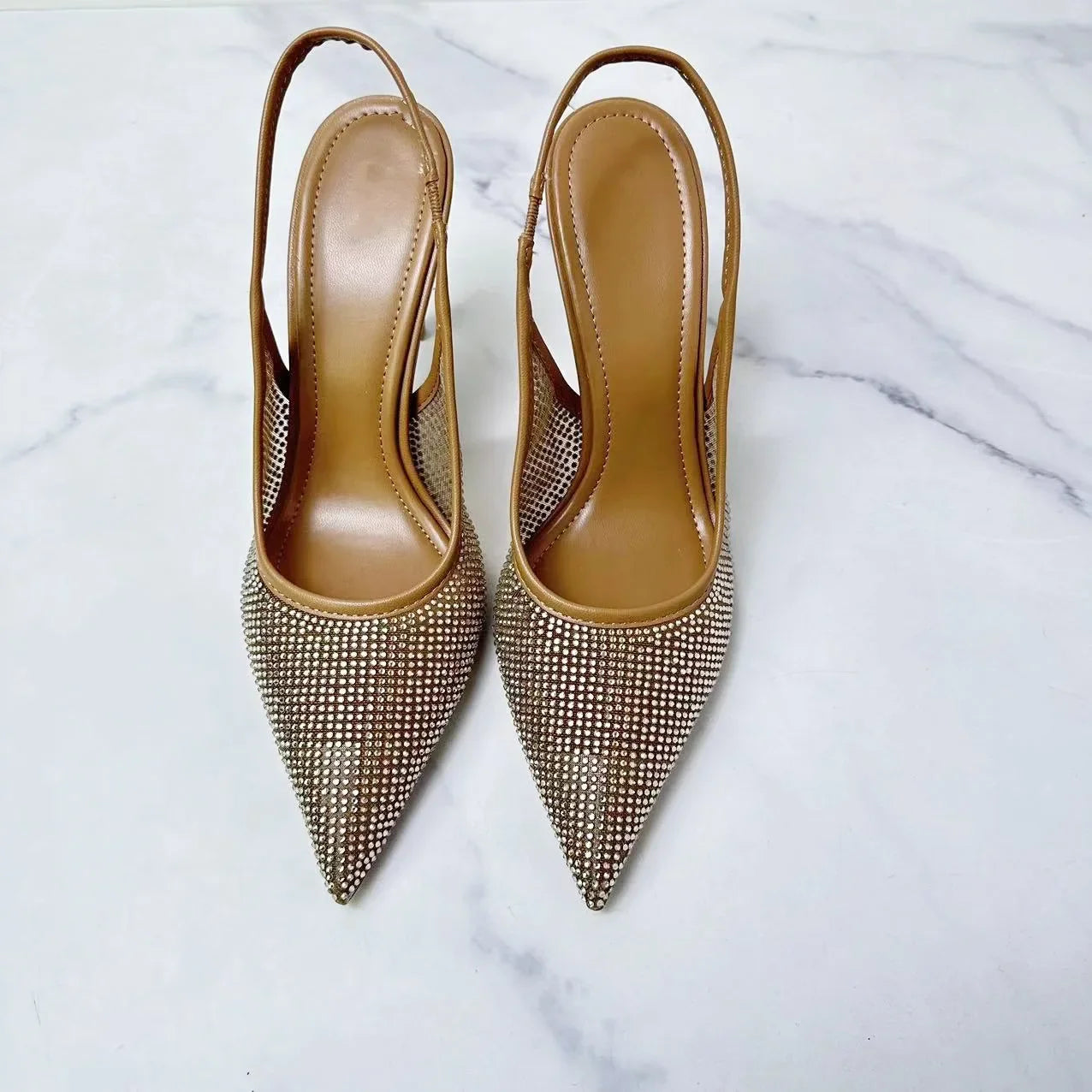 New 2024 Women's Fashion Women's Shoes Brown Fashion Bright Diamond Mesh With Pointed High-heeled Sandals Women.