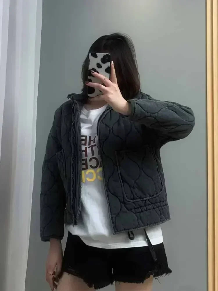 Women's 2024 New Fashion Large Pocket Decoration Loose Warm Washed Cotton Coat Retro Long Sleeve Zipper Women's Coat