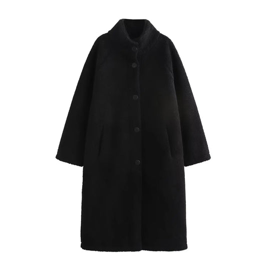 Women's new Fashion side pocket loose long style stand Neck warm fleece coat retro long sleeved button up women's coat chic top