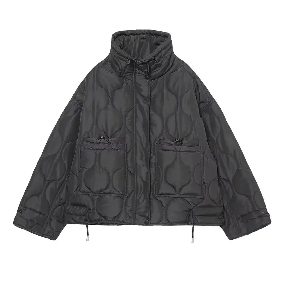 Women's winter fashion drawstring pocket decoration loose stand Neck cotton jacket Coat retro long sleeved women's coat chic top