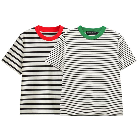 2025 summer women's basic style color blocked T-shirt casual O Neck striped T-shirt retro short sleeved women's T-shirt chic top