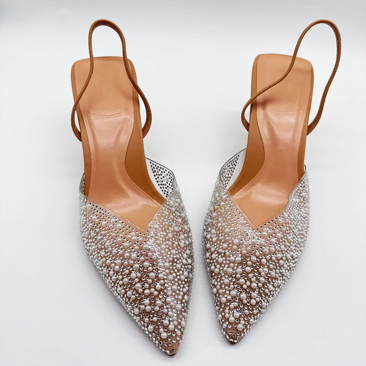 Women's New Fashion Joker Brown Artificial Pearl with High Heels and Pointed Shoes Sandals.