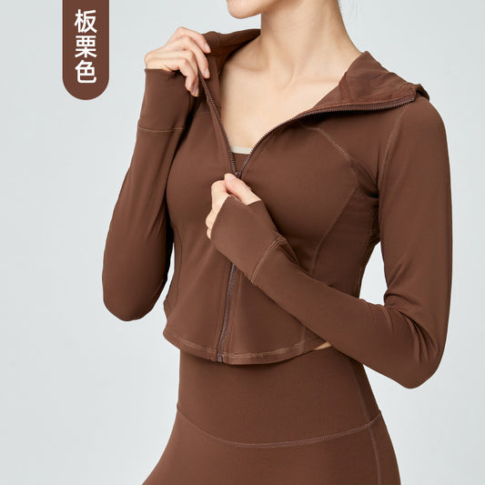 Women's Autumn Nude Sports Coat Zipper Hoodie Yoga Clothes Long Sleeve Openwork Mesh Fitness Coat