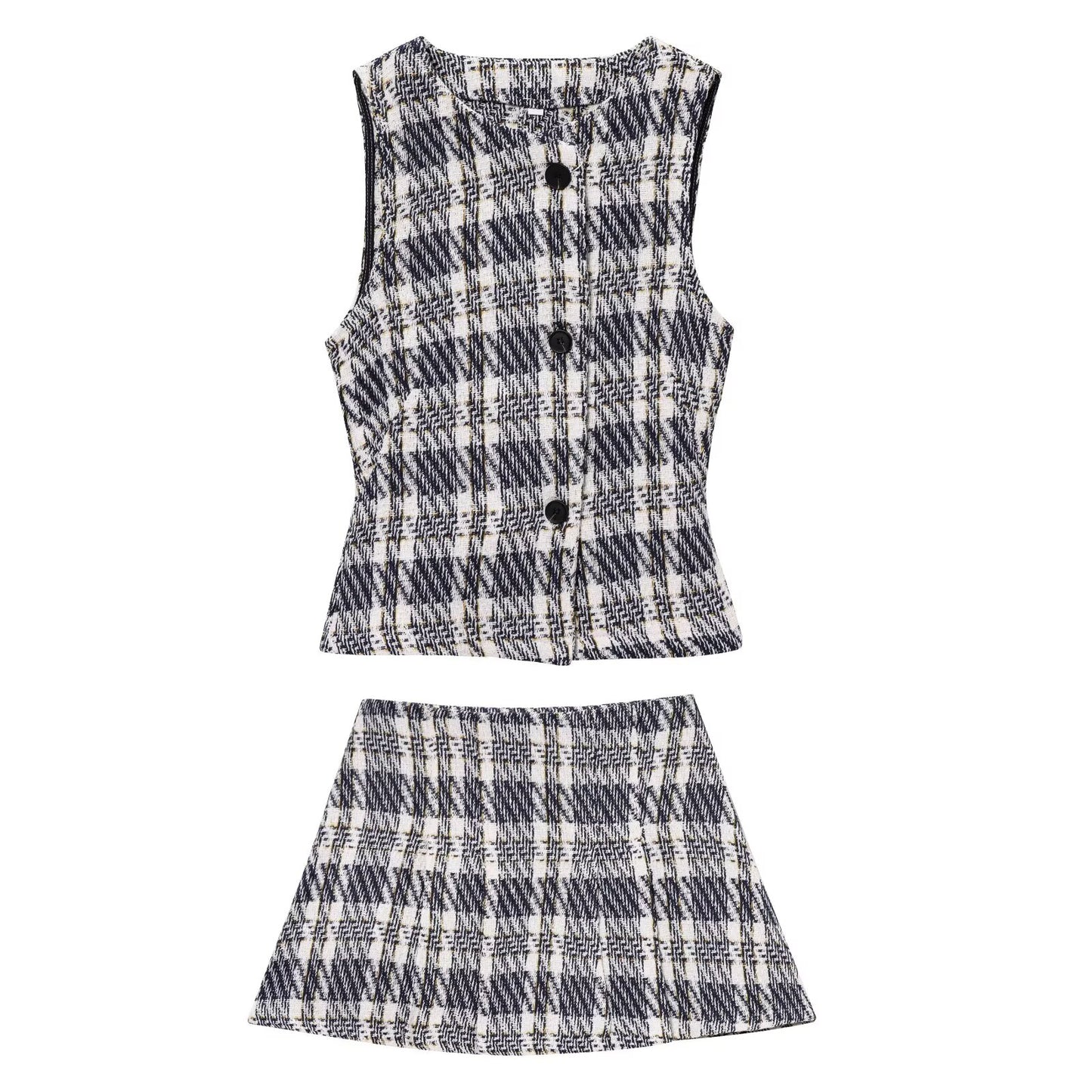 Women's new fashion casual single breasted plaid texture vest+Shorts Skirts suit
