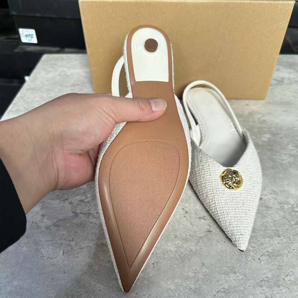 Women's New Temperament Joker Linen Fabric Metal Inlaid Pointed Kitten with Empty High Heels.
